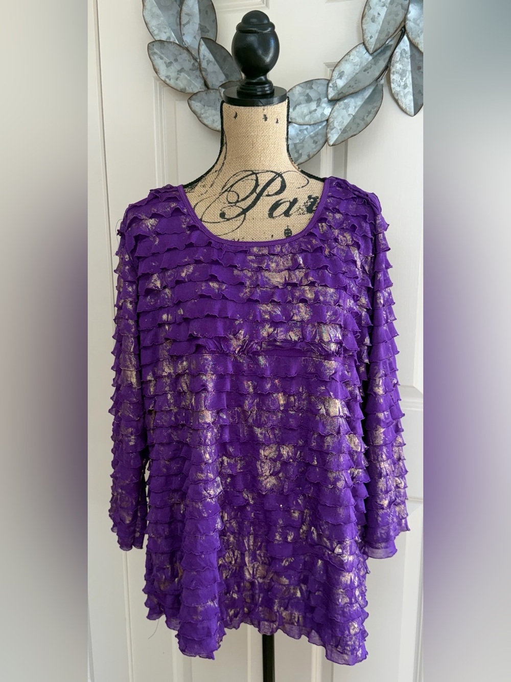 978: Elements Purple Ruffle Metallic Accent Women's Top - 2X
